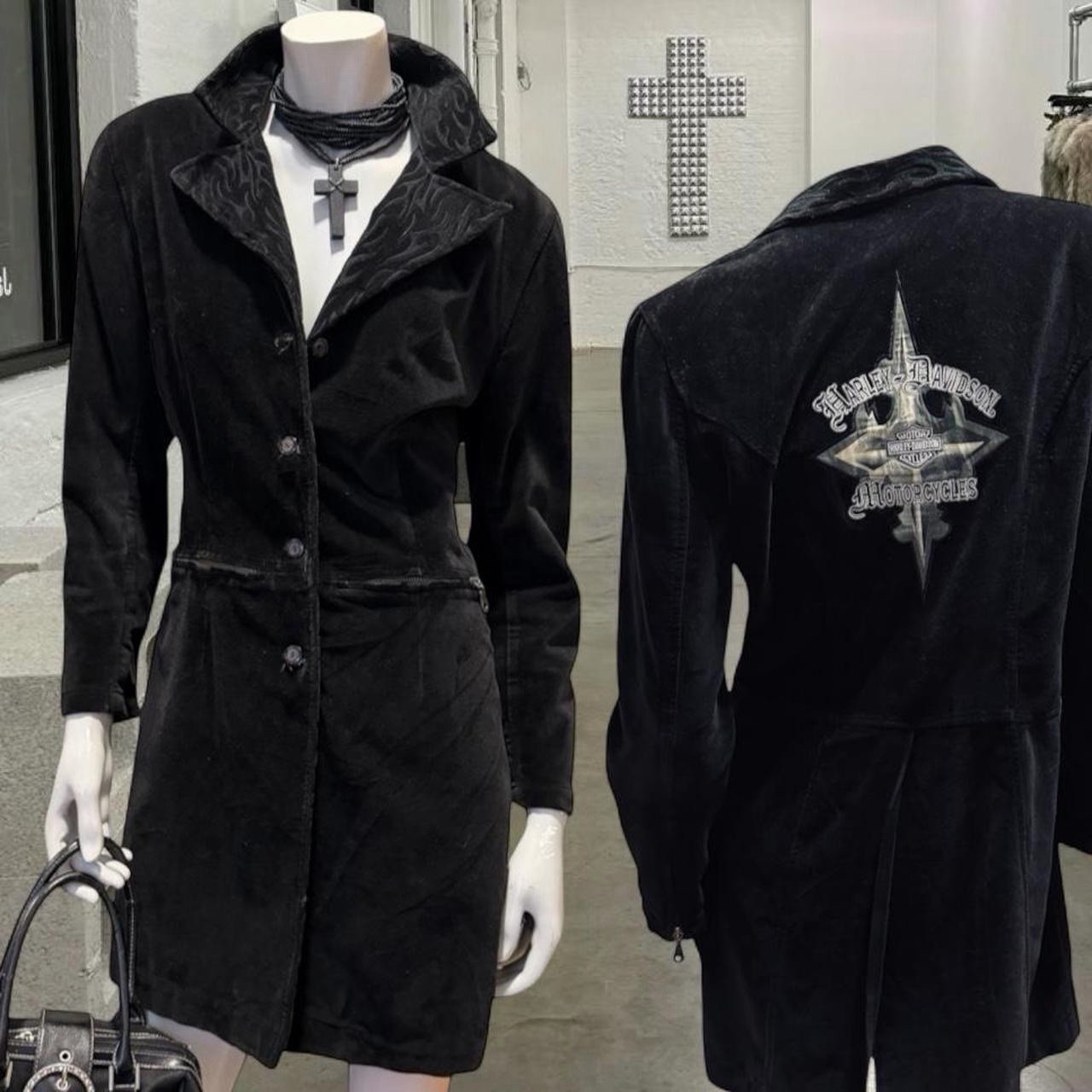 vintage Harley Davidson black velour long trench jacket with embroidery vintage Harley Davidson black velour long trench jacket with embroidery