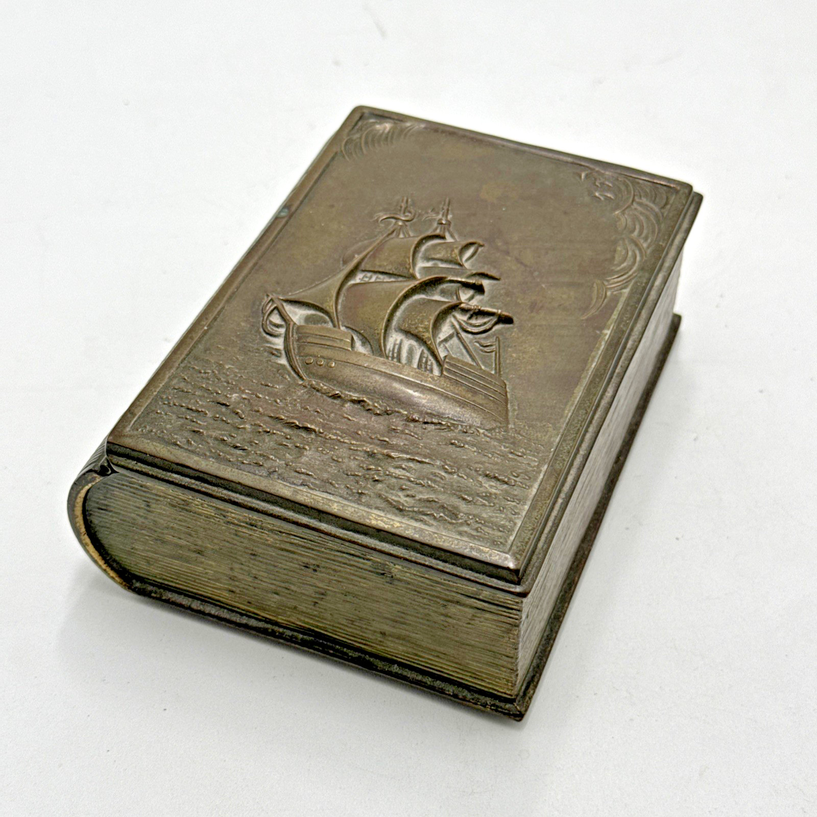 JB: Jennings Bros. Bronze Patina Tone Book Shape Hinged Trinket Box 5 3/8”x4”x2” JB: Jennings Bros. Bronze Patina Tone Book Shape Hinged Trinket Box 5 3/8”x4”x2”