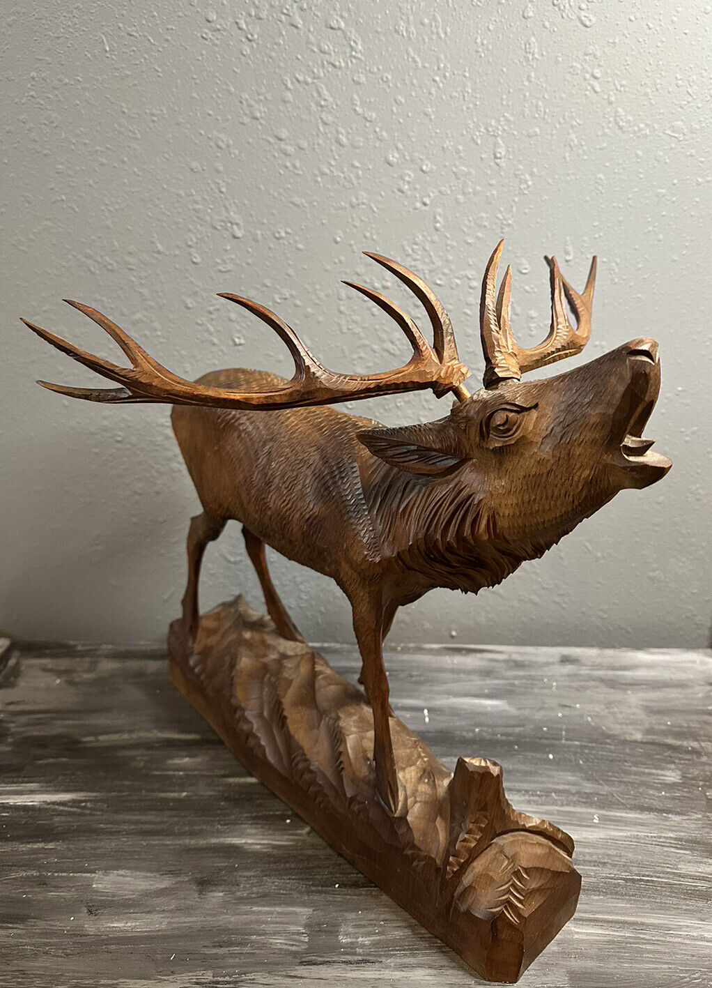 vintage German Hand Carved Black Forest Wooden deer Large stag With Antlers
