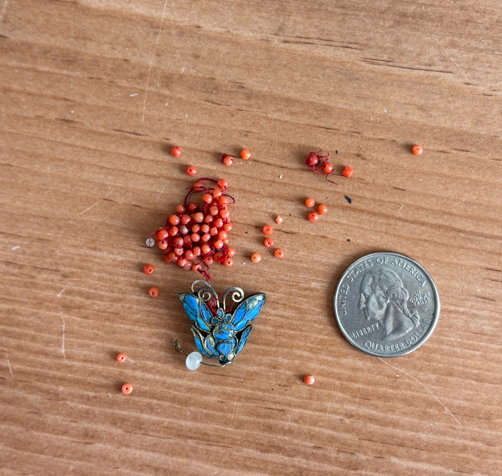 Vintage Chinese Kingfisher Feather + Coral Butterfly Partial Jewelry - AS IS
