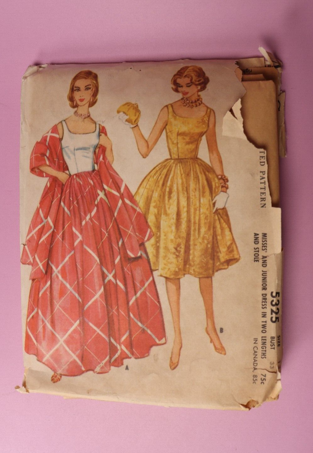 Vtg Orig 1960 McCall's 5325 Misses Jr Dress & Stole Size 13 Bust 33