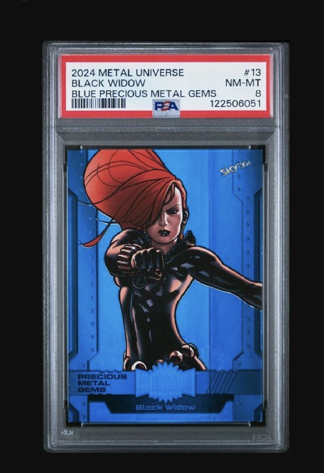 SkyBox 2024 Metal Universe Marvel Black Widow PMG Blue /50 PSA 8