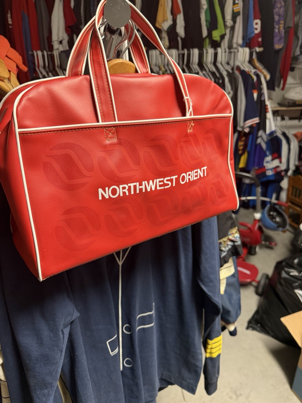 Vintage Northwest Orient Airlines Logo Double-Handled Travel Bag Red Vinyl RARE