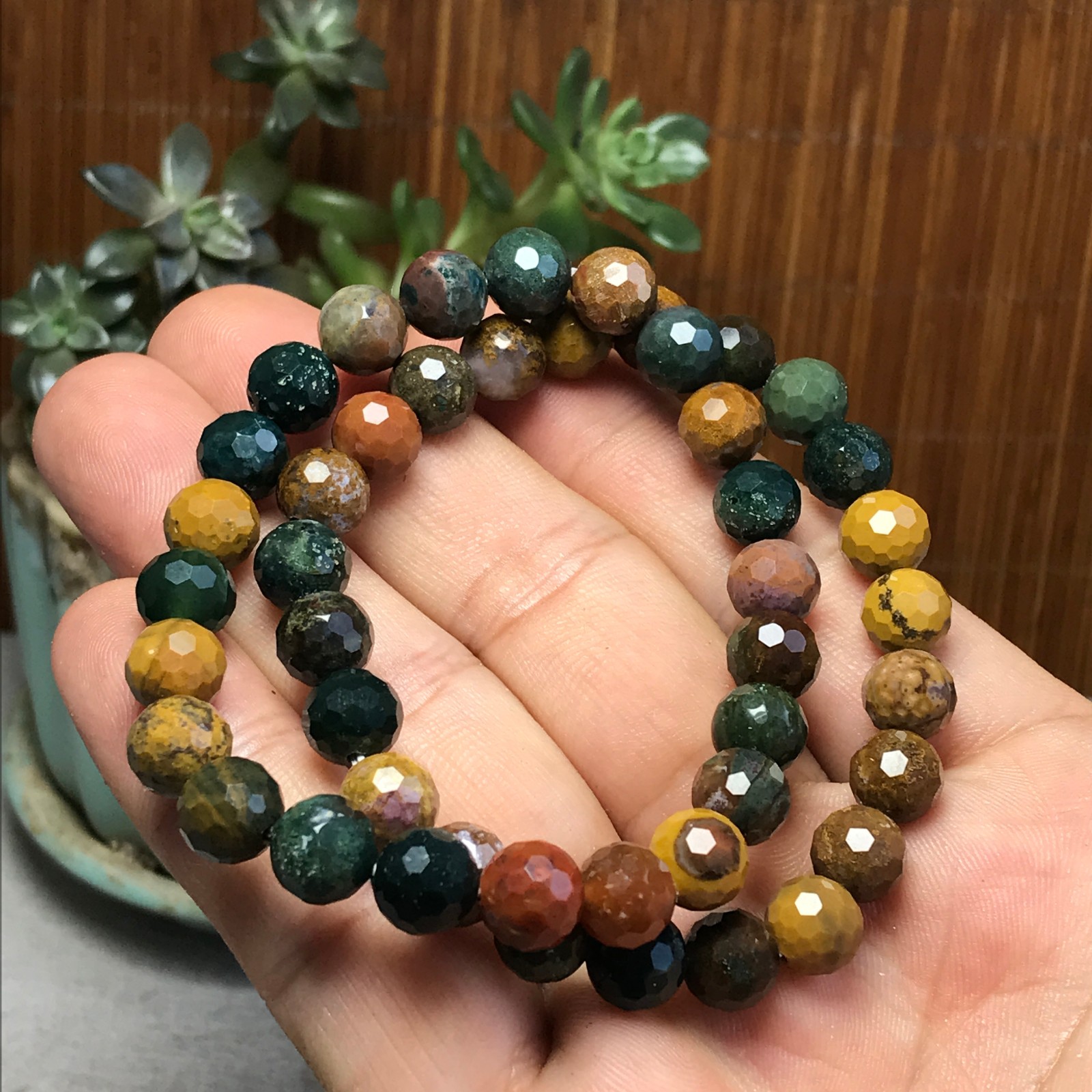 2Pcs Wholesal Natural Ocean Jasper  bracelets Crystal ball sphere facet 8mm 7683