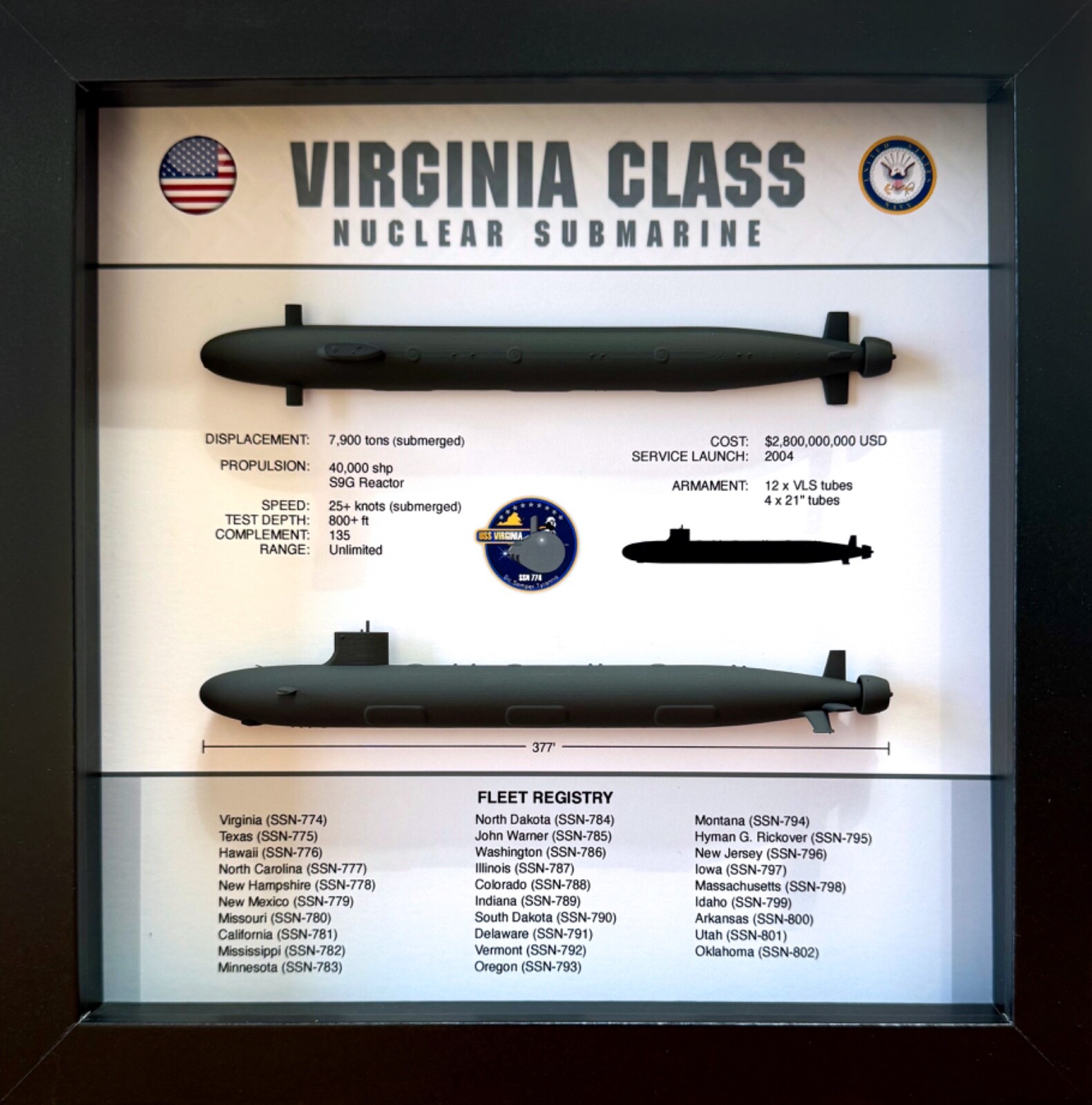 Virginia Class Submarine Shadow Display Box, SSN-774, 9" x 9", Black Virginia Class Submarine Shadow Display Box, SSN-774, 9" x 9", Black