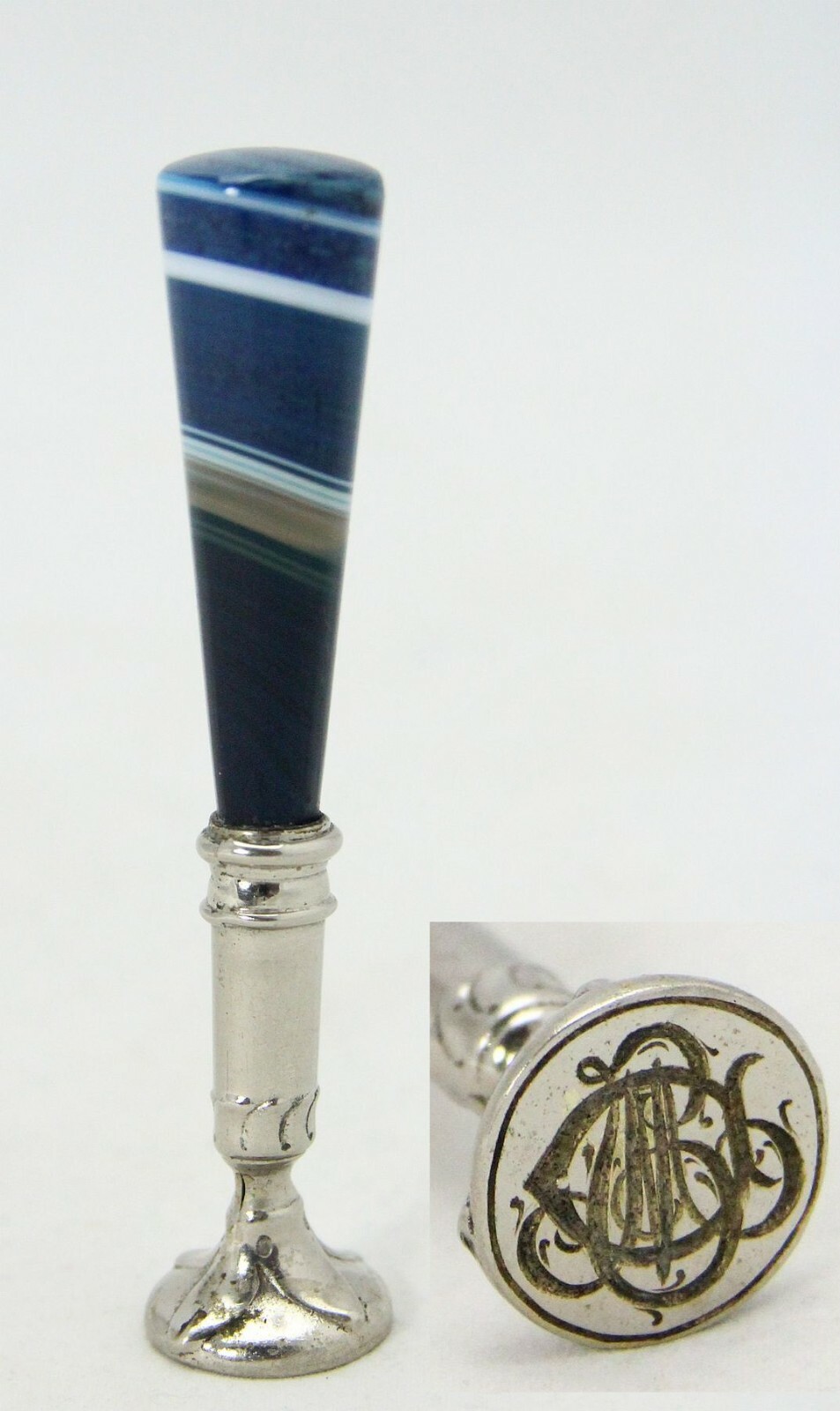 antique Wax Seal stamp, blue banded agate, initials D.J.M, J.M.D M.J.D, M.D.J antique Wax Seal stamp, blue banded agate, initials D.J.M, J.M.D M.J.D, M.D.J