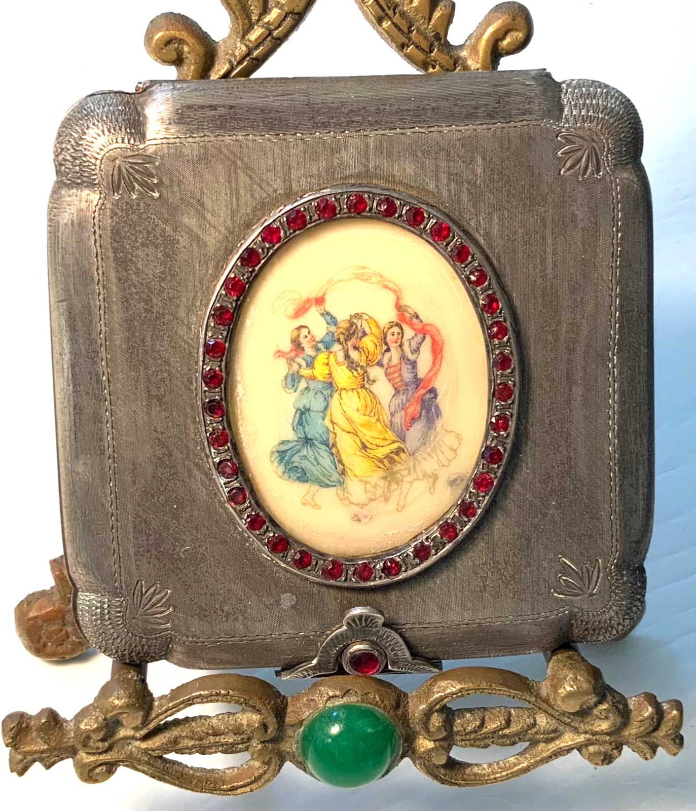 RARE Antique 800 SILVER Hand Painted 3 BEAUTIFUL WOMEN *Jeweled* Compact GLASS RARE Antique 800 SILVER Hand Painted 3 BEAUTIFUL WOMEN *Jeweled* Compact GLASS