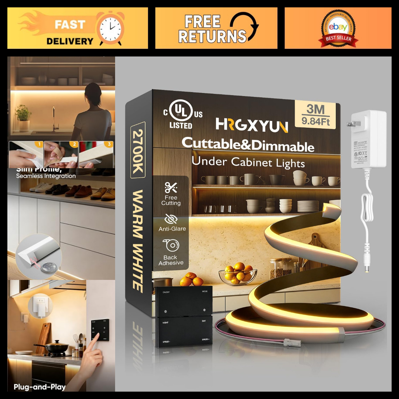 LED Under Cabinet Light Strip, 24V Dimmable 2700K Warm White 3m LED Under Cabinet Light Strip, 24V Dimmable 2700K Warm White 3m