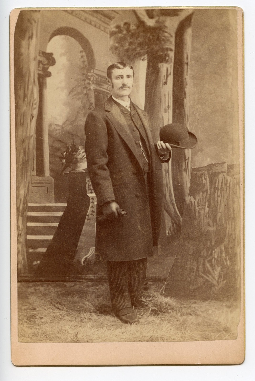 Cabinet Card C.S. Gerlach Elgin IL Victorian Man Derby Hat Full Length 1880s Cabinet Card C.S. Gerlach Elgin IL Victorian Man Derby Hat Full Length 1880s
