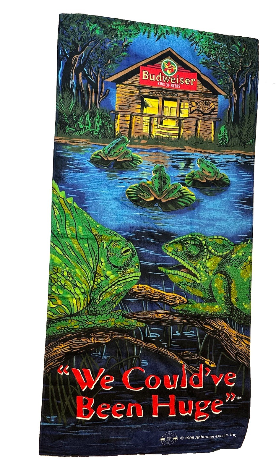 Vtg 1998 Budweiser Lizards Frogs “We Could Have Been Huge” Beach Towel Promo Vtg 1998 Budweiser Lizards Frogs “We Could Have Been Huge” Beach Towel Promo