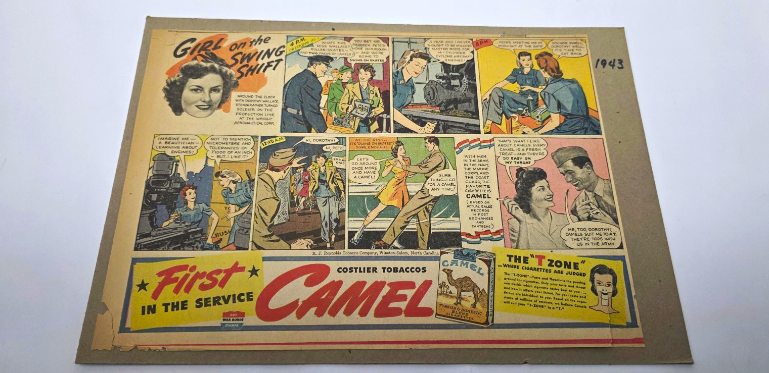 Vintage 1940s World War II Camel Cigarette Comic Ad Girl Swing Shift Ned Day
