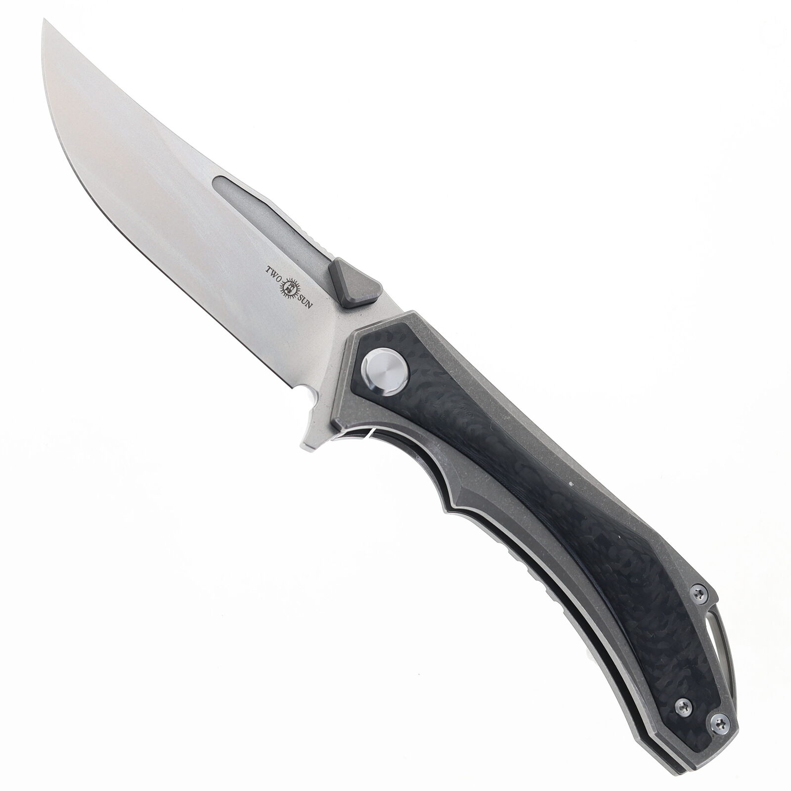 Two Sun Flipper Folding Knife Titanium/CF Handle YJ01-V1 Plain Edge TS446-YJ01