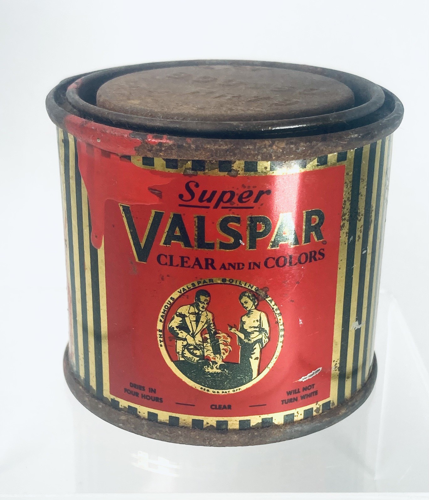Vtg 1930s Super Valspar Clear Red Paint Can 1/4 Pint Sample Size Advertising Vtg 1930s Super Valspar Clear Red Paint Can 1/4 Pint Sample Size Advertising