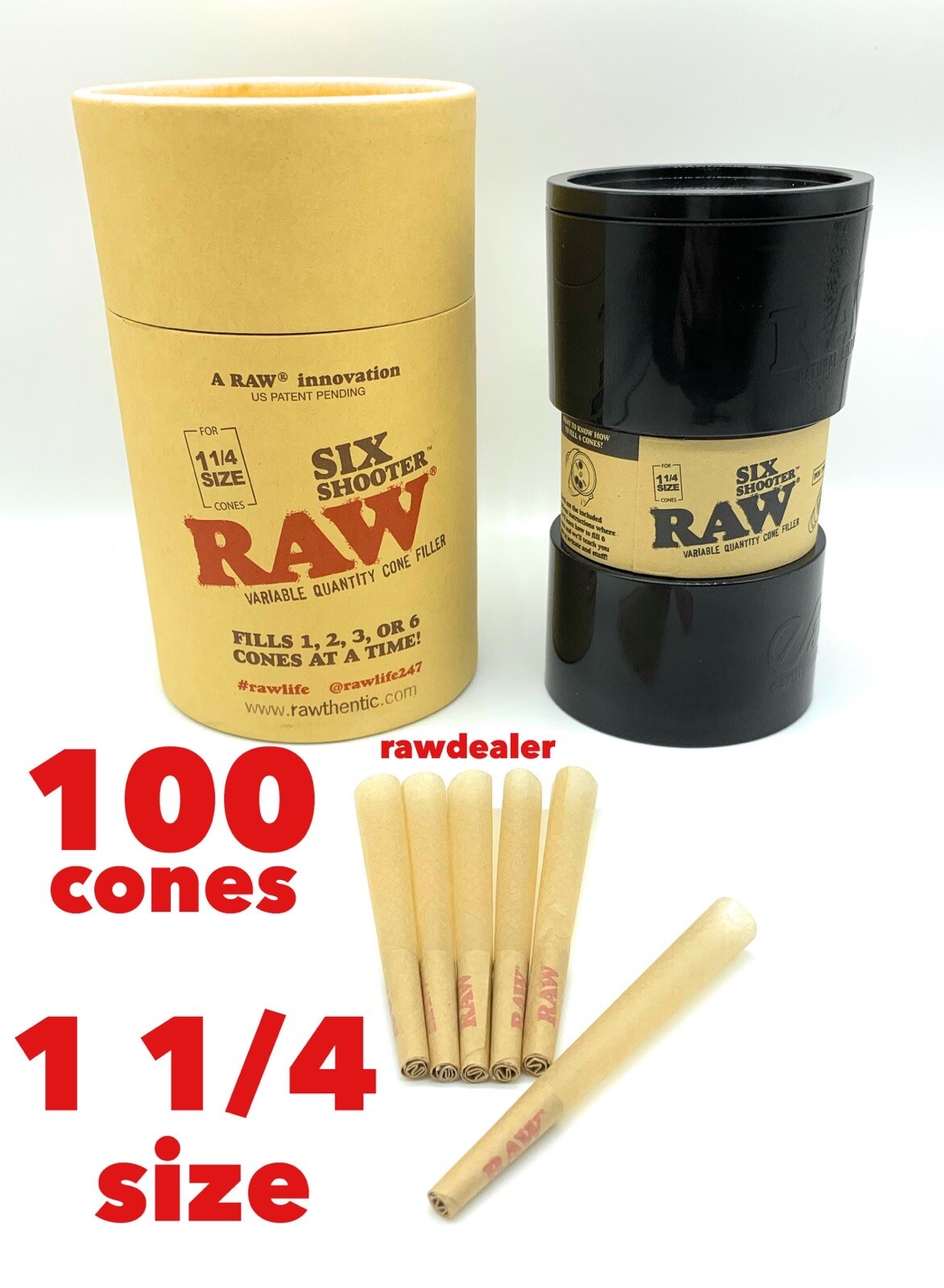RAW cone classic 1 1/4 Size Cone(100PK)+raw 1 1/4 size 6 six shooter filler RAW cone classic 1 1/4 Size Cone(100PK)+raw 1 1/4 size 6 six shooter filler