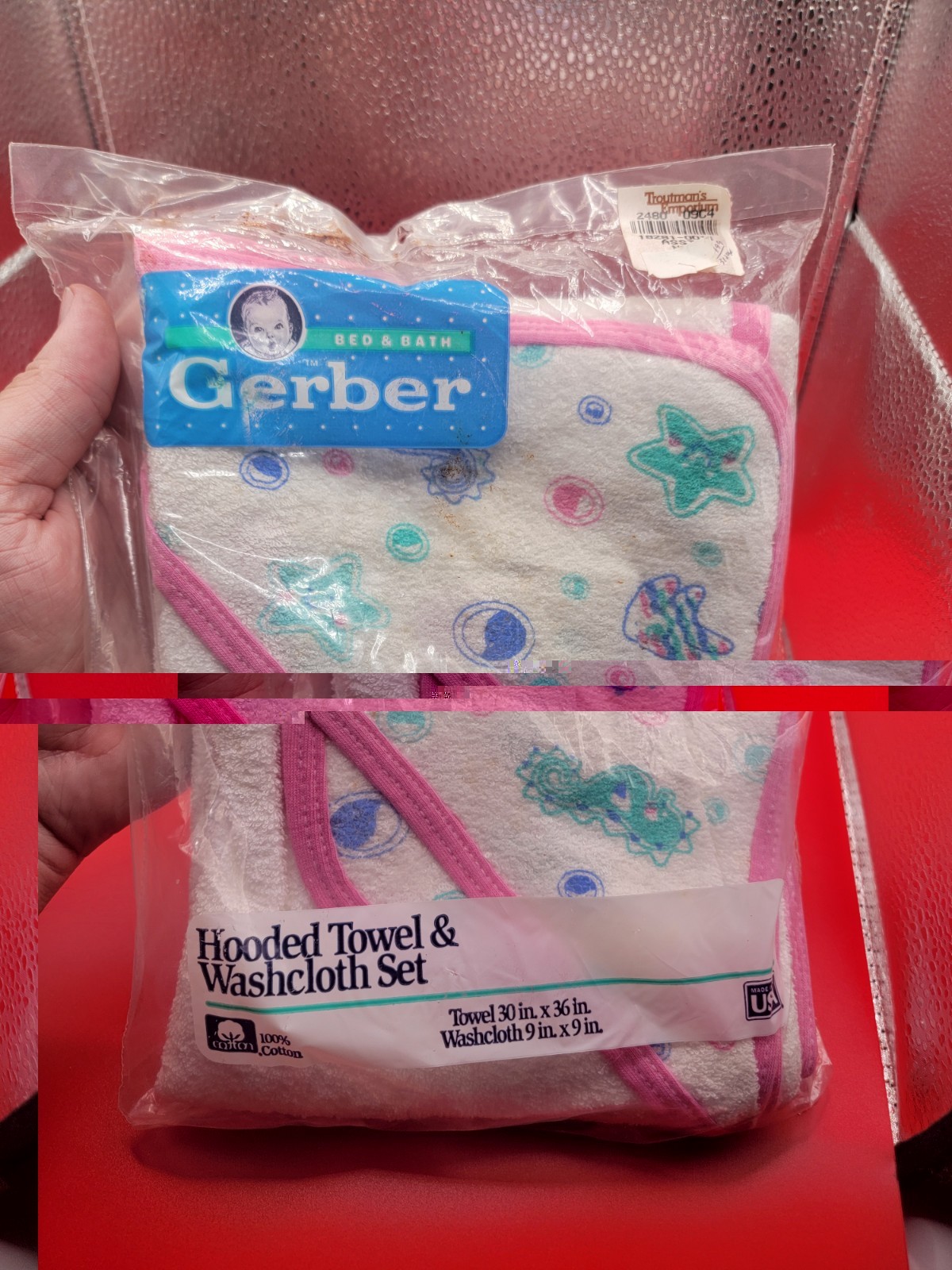 Vintage 1993 GERBER Hooded Baby Bath Towel & Washcloth Set Bunny Rabbits NIP NOS