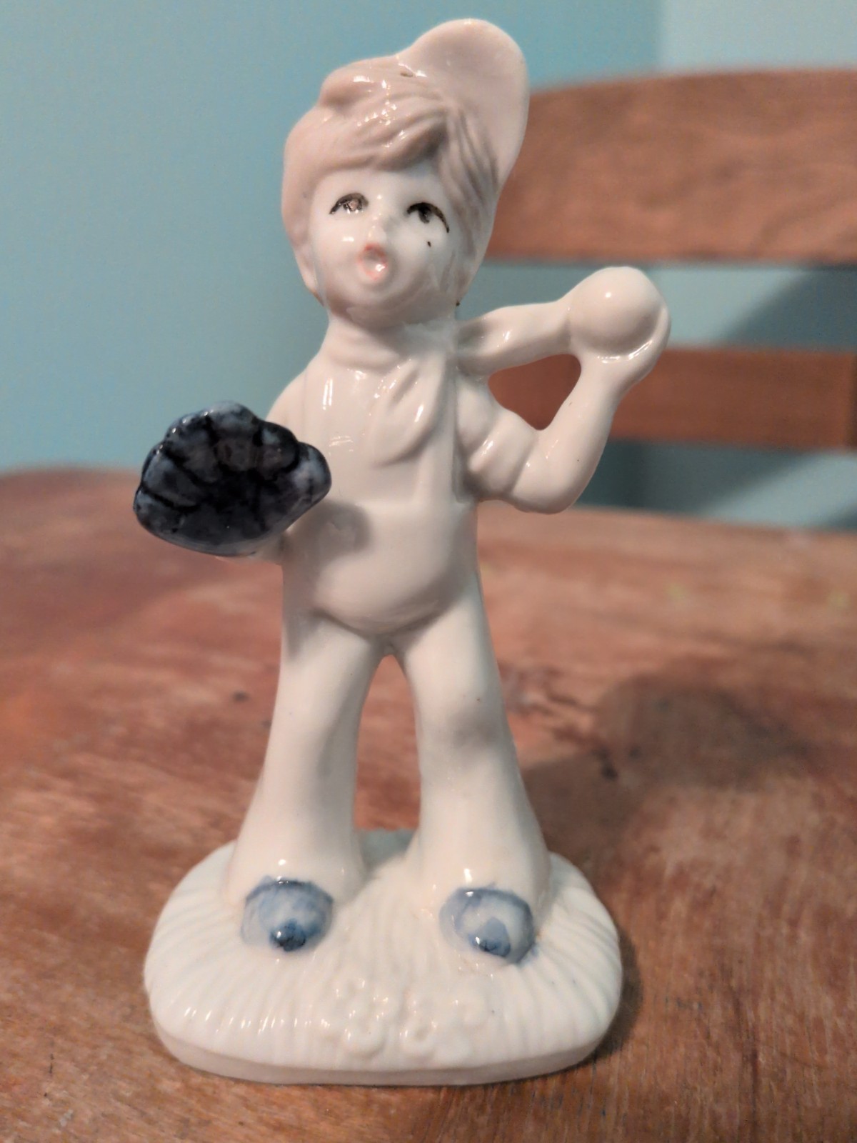 Vintage Action Industries Blue & White Porcelain Baseball Boy Figurine No. 7870 Vintage Action Industries Blue & White Porcelain Baseball Boy Figurine No. 7870