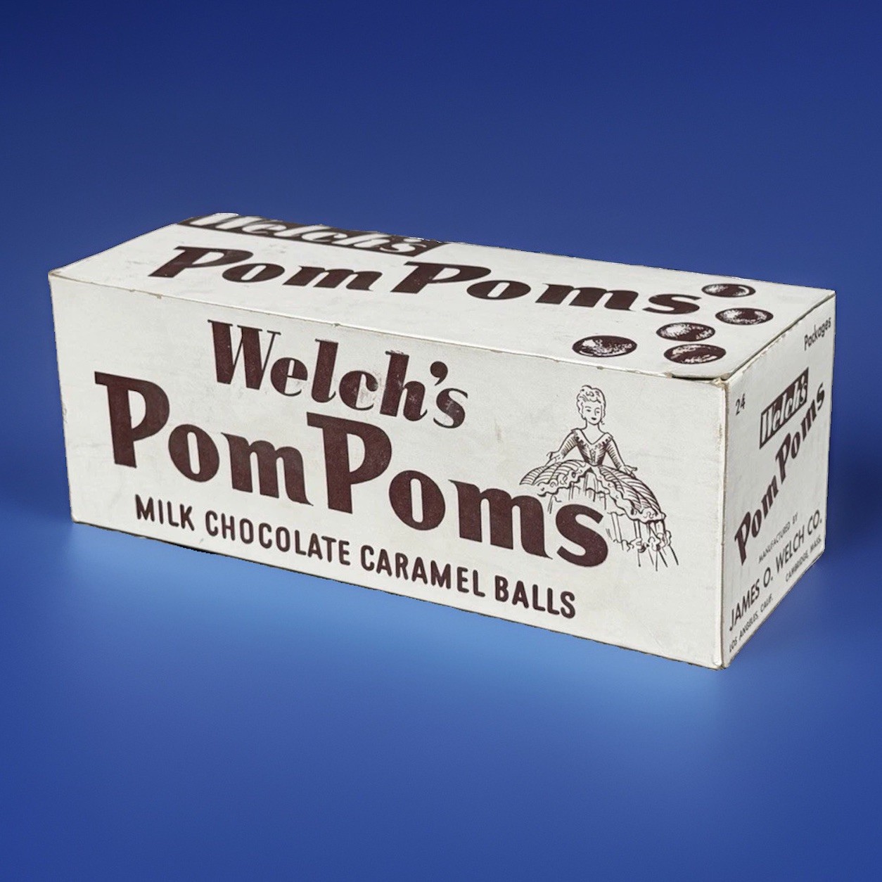 Vintage 1950's Welch's POM POMS Milk Chocolate Caramel Balls CANDY Display Box Vintage 1950's Welch's POM POMS Milk Chocolate Caramel Balls CANDY Display Box