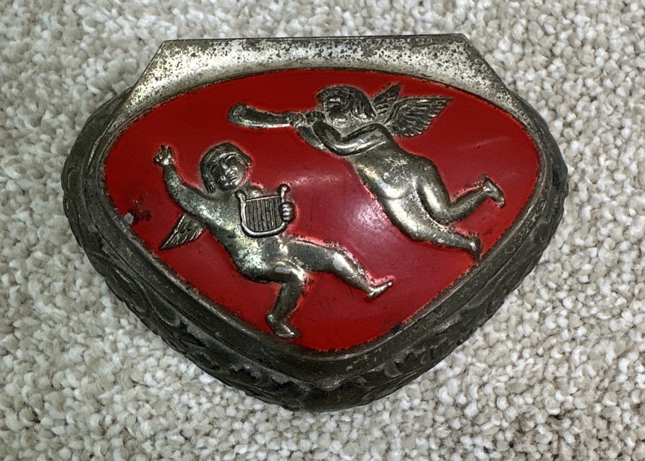 Vintage Silver Plated Red Enamel Trinket Box Cherubs Made In Japan mid- 20th