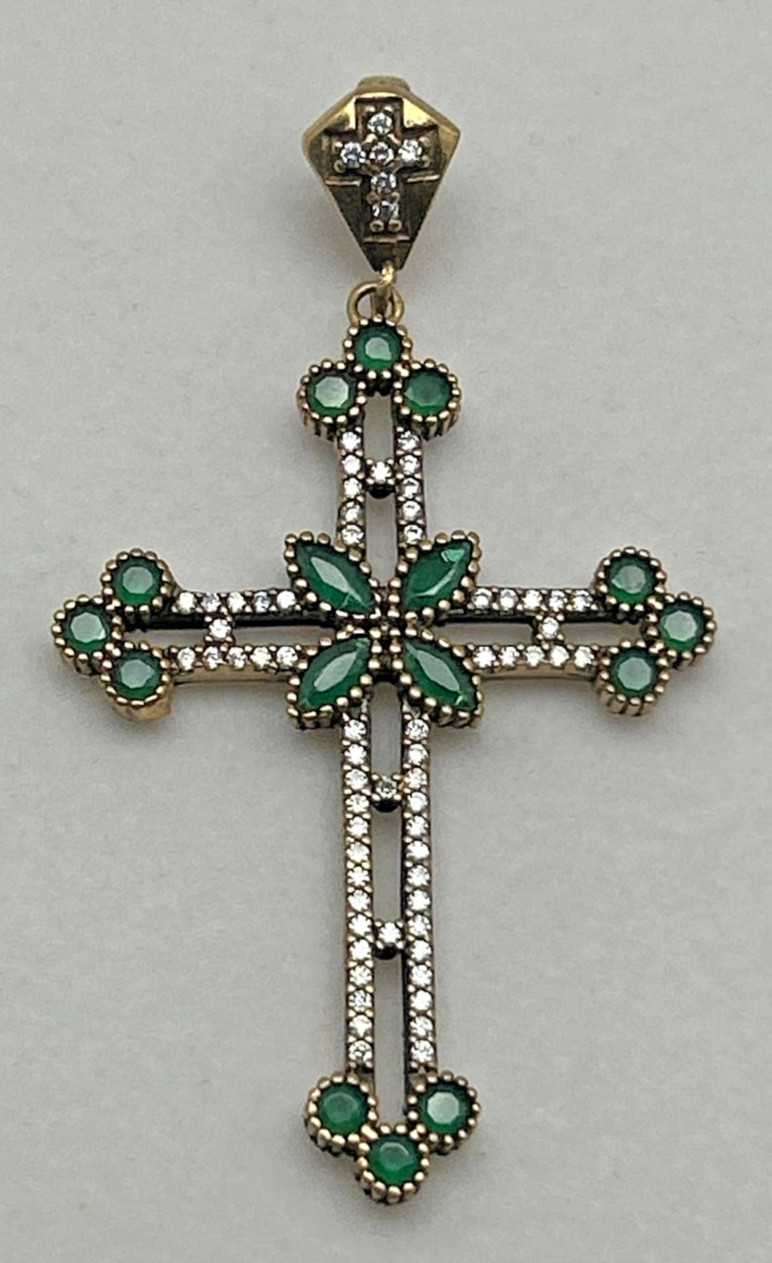 Vintage Large Byzantine Style Cross with Green and Crystal Gems Vintage Large Byzantine Style Cross with Green and Crystal Gems