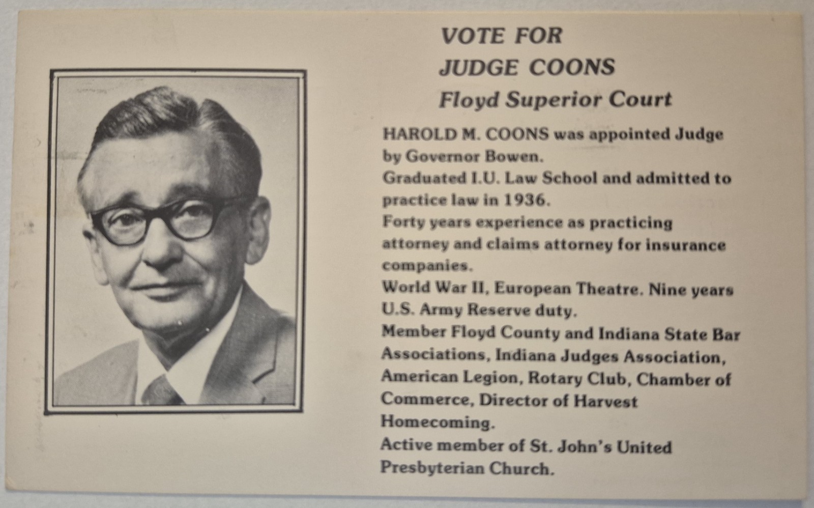 Vintage Postcard Harold M Coons Indiana Judge Floyd Court Campaign  AA142