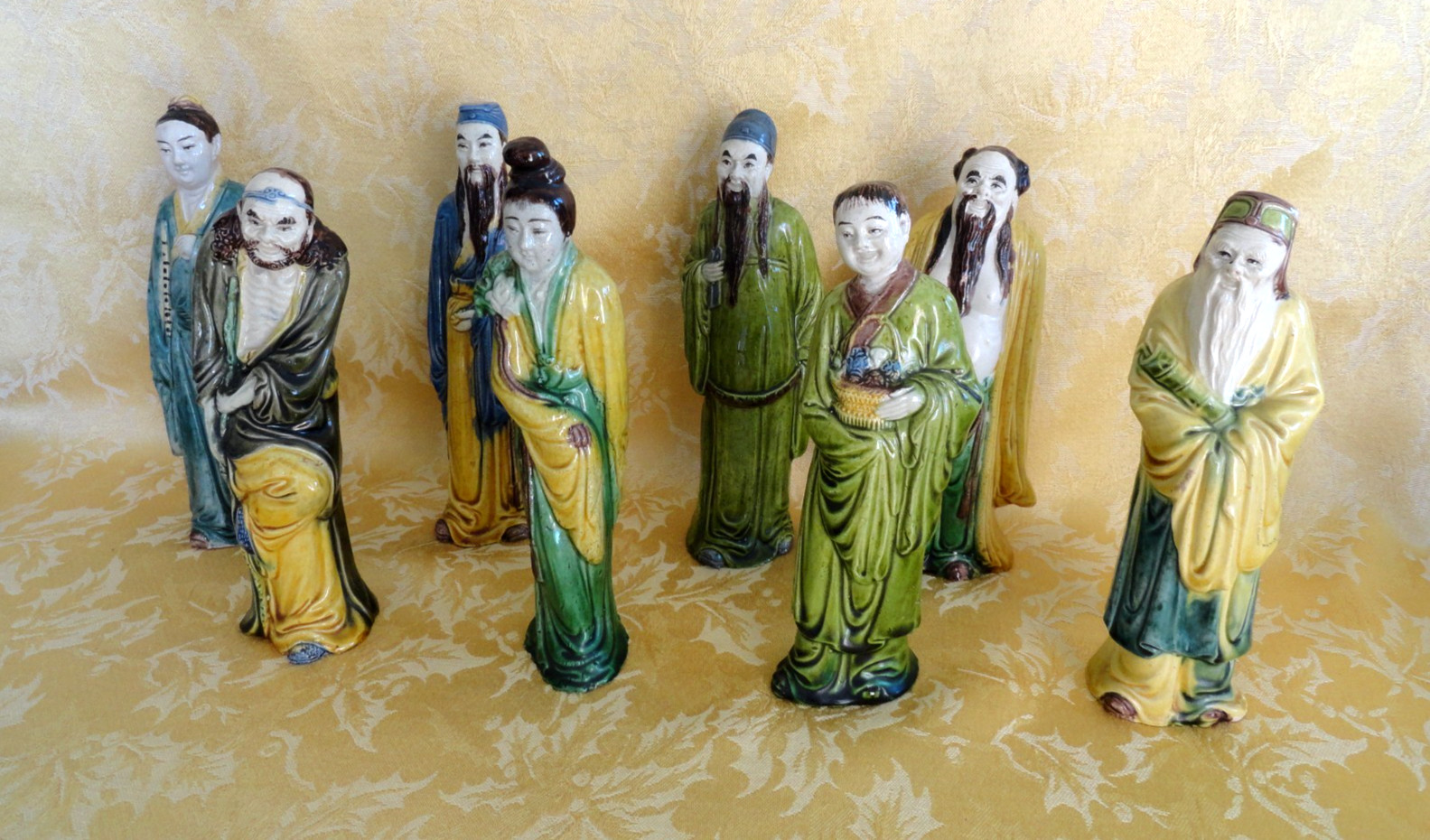 Antique Chinese Shiwan Plain Tricolor Eight Immortals Figurines -Rare Whole Set Antique Chinese Shiwan Plain Tricolor Eight Immortals Figurines -Rare Whole Set
