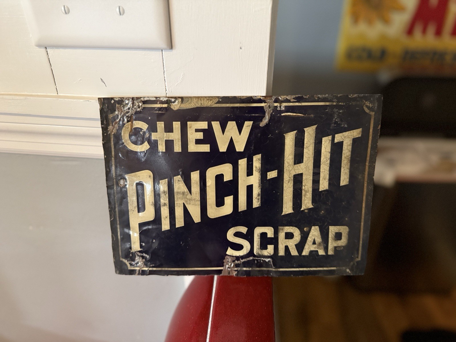 RARE Embossed Chew Pinch Hit Scrap Tin Advertising Sign