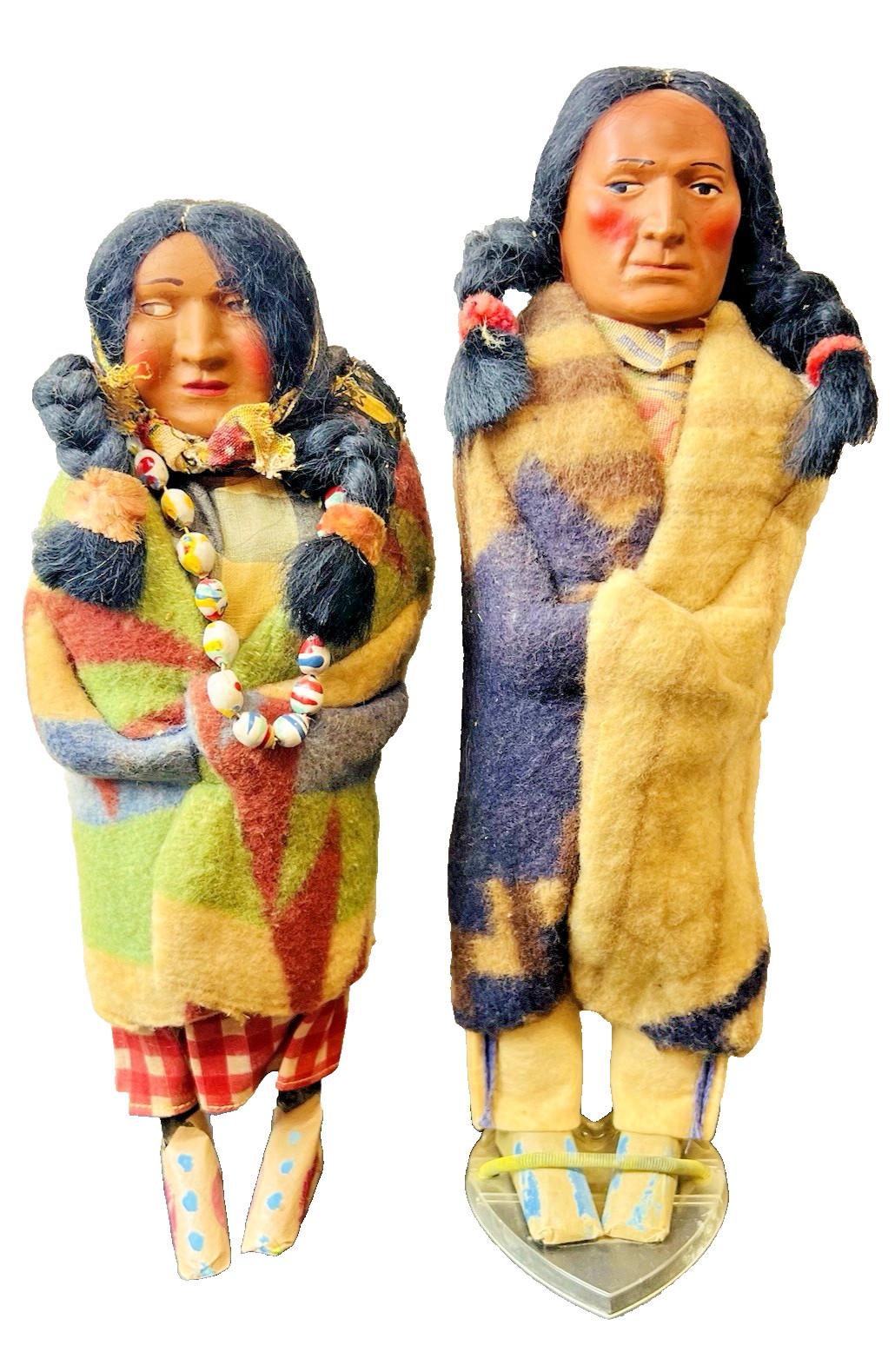Skookum Bully Good Indian Doll Pair 11" Male Female Original Label Leather Feet Skookum Bully Good Indian Doll Pair 11" Male Female Original Label Leather Feet