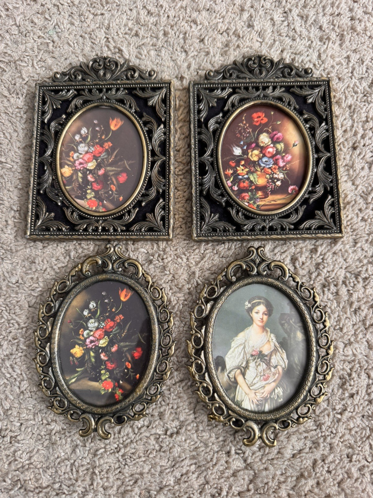 Vintage Ornate Mini Small Brass Frames Italy Floral Wall Art Oval Rectangle Set Vintage Ornate Mini Small Brass Frames Italy Floral Wall Art Oval Rectangle Set