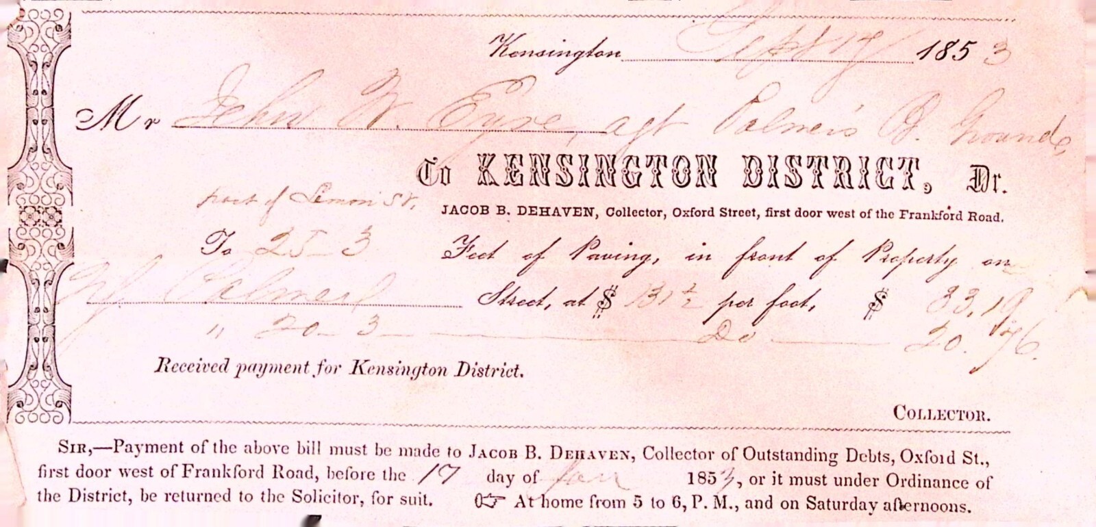 Kensington District Philadelphia PA Paving Bill Invoice 1853 Jacob Dehaven Kensington District Philadelphia PA Paving Bill Invoice 1853 Jacob Dehaven