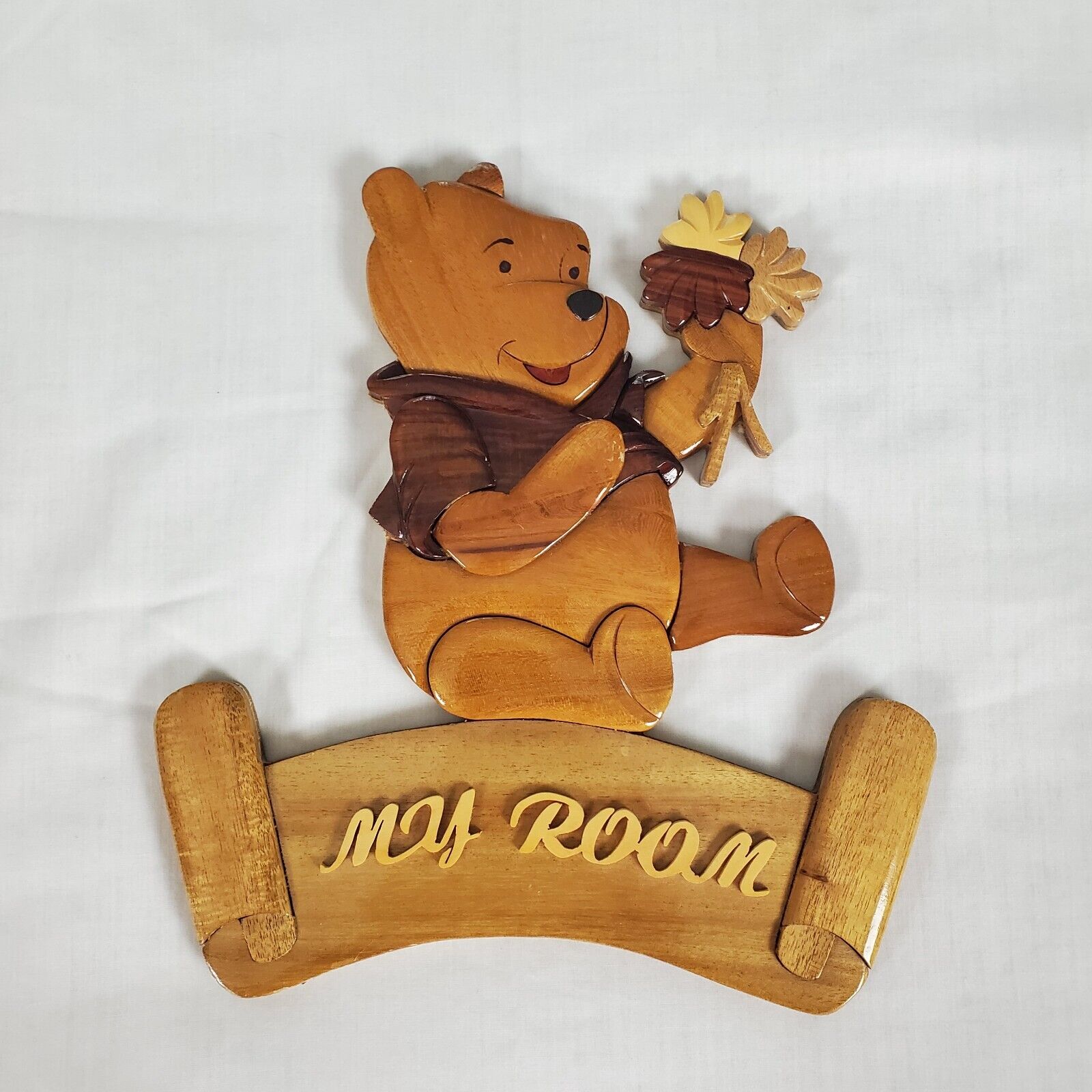 Vintage Winnie the Pooh Honey Intarsia Wood Carving Decor Disney Marquetry MCM