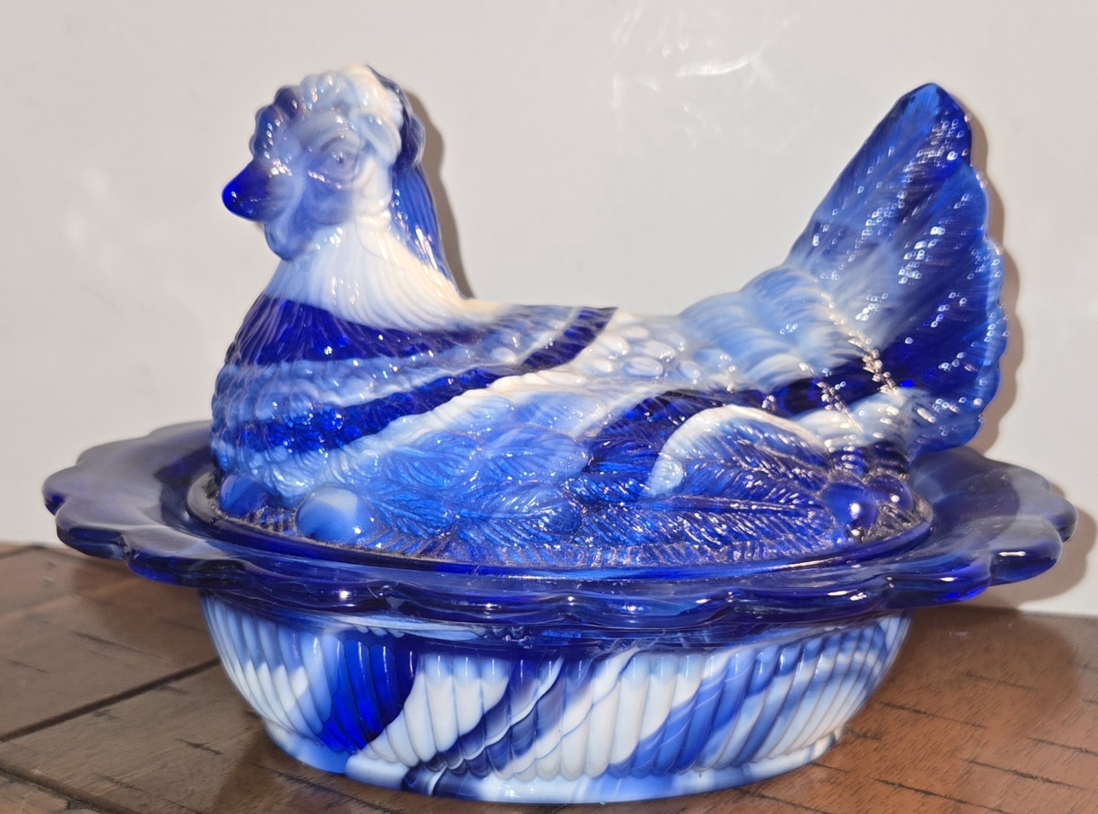 Rare Vtg Intense Cobalt Blue Marble Slag Glass Hen on Nest 6" Basketweave Bowl