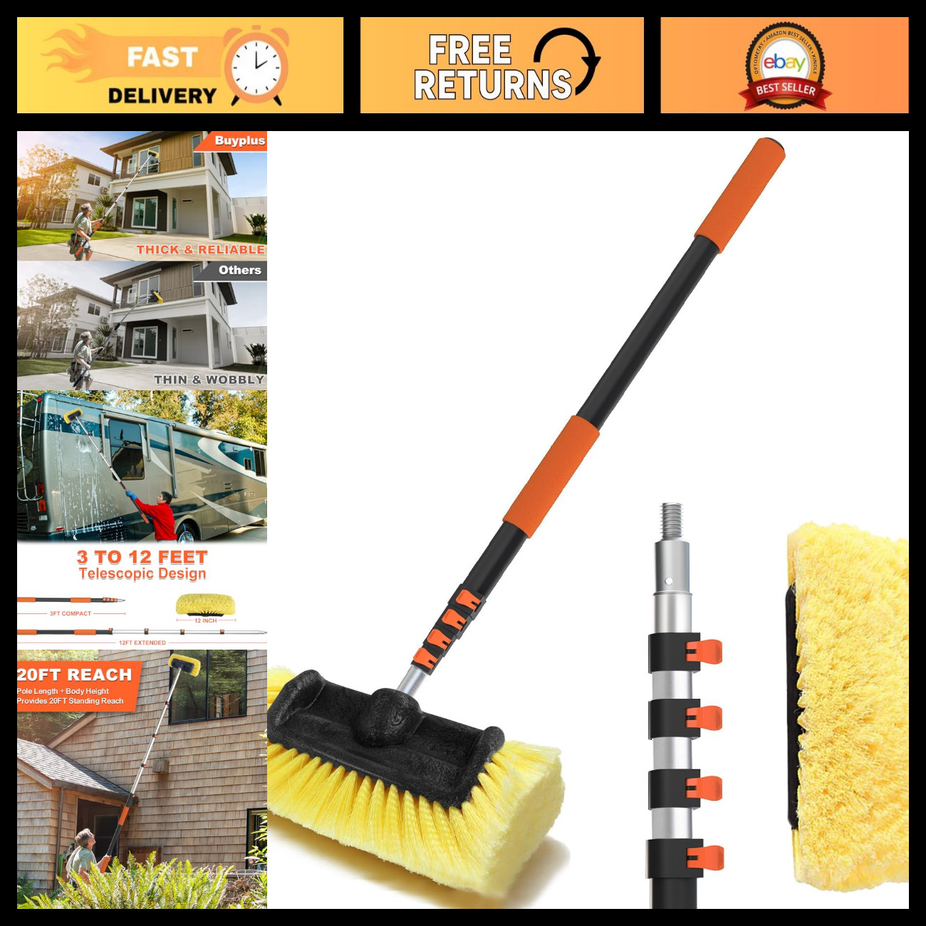 Buyplus 12FT Car Wash Brush with Long Handle, 12-Inch Soft Bristle, with Alumini Buyplus 12FT Car Wash Brush with Long Handle, 12-Inch Soft Bristle, with Alumini