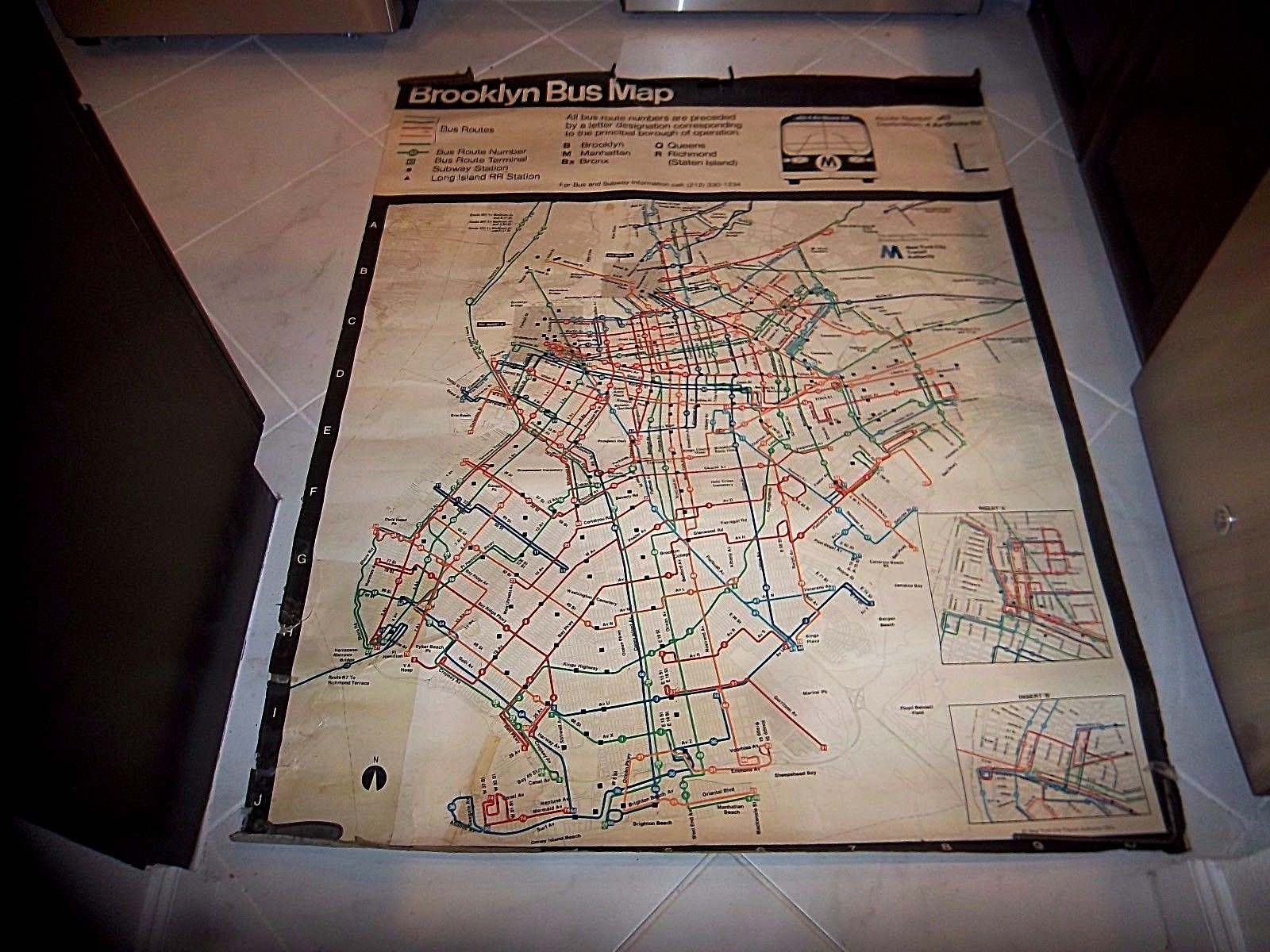 1974 58"X45" BROOKLYN NY NYC BUS MAP CONEY ISLAND BRIGHTON BEACH FLATBUSH AVE NY