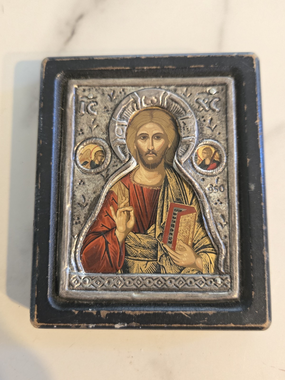 Vintage Greek Byzantine Silver Icon Christ Pantocrator 950 Fine Silver Travel...