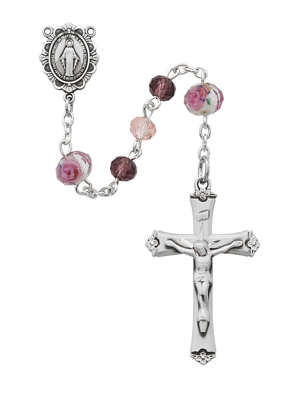 Pink And Purple Bead Rosary Sterling Silver Center And INRI Crucifix 7mm Beads