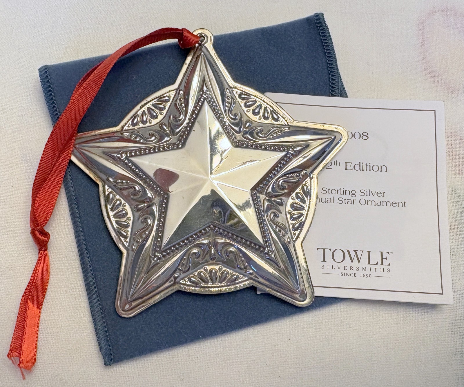 Towle 2008 Sterling Silver 12th Annual Christmas Star Ornament Box, Bag, Insert Towle 2008 Sterling Silver 12th Annual Christmas Star Ornament Box, Bag, Insert