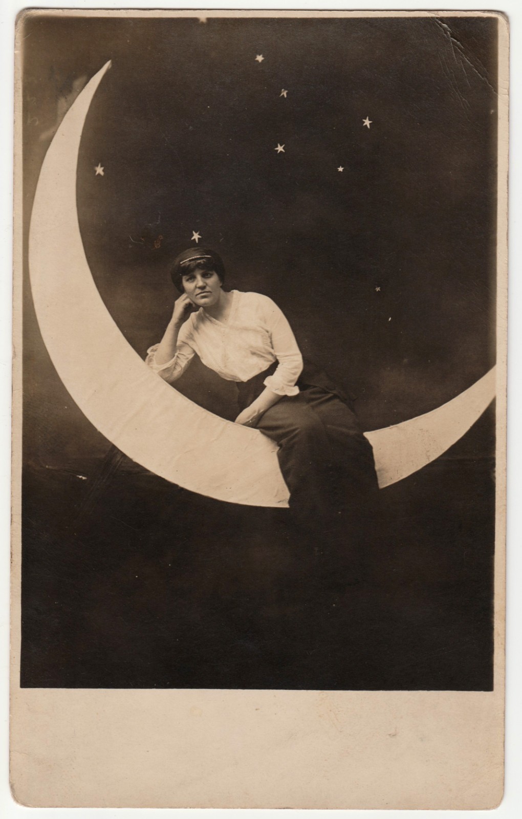 Antique Paper Moon RPPC Woman on Crescent Moon Stars Studio Portrait Photo Antique Paper Moon RPPC Woman on Crescent Moon Stars Studio Portrait Photo