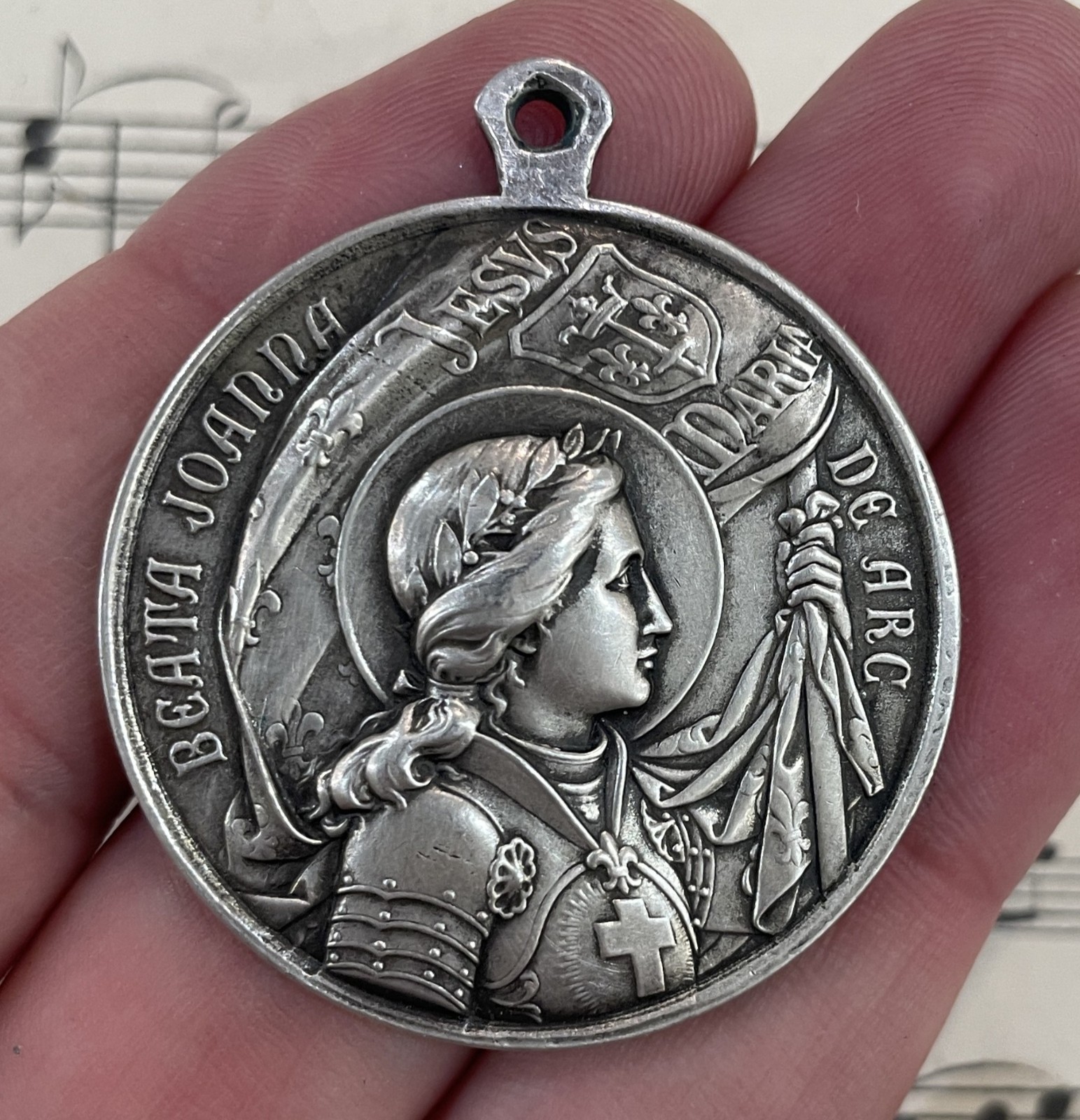 Large Antique French Bronze Joan of Arc Religious Medal Pope Pius X c1909