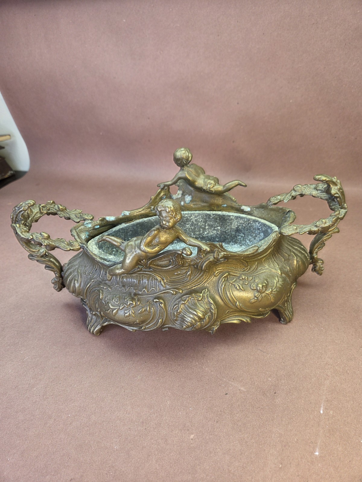 antique French Art Nouveau / Neo-Rococo brass jardinière,putti figures 1880–1920 antique French Art Nouveau / Neo-Rococo brass jardinière,putti figures 1880–1920