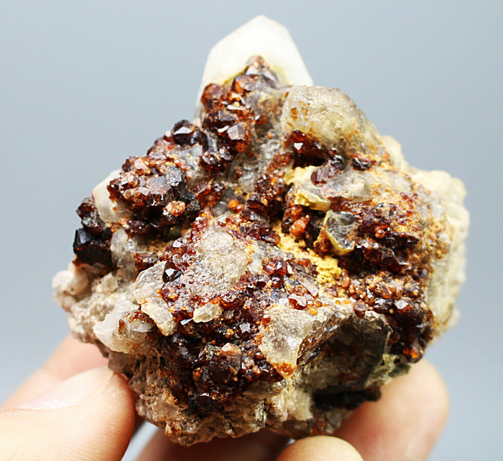 Top  Spessartine Garnet with Smoky Quartz Crystal Mineral Specimen   110g