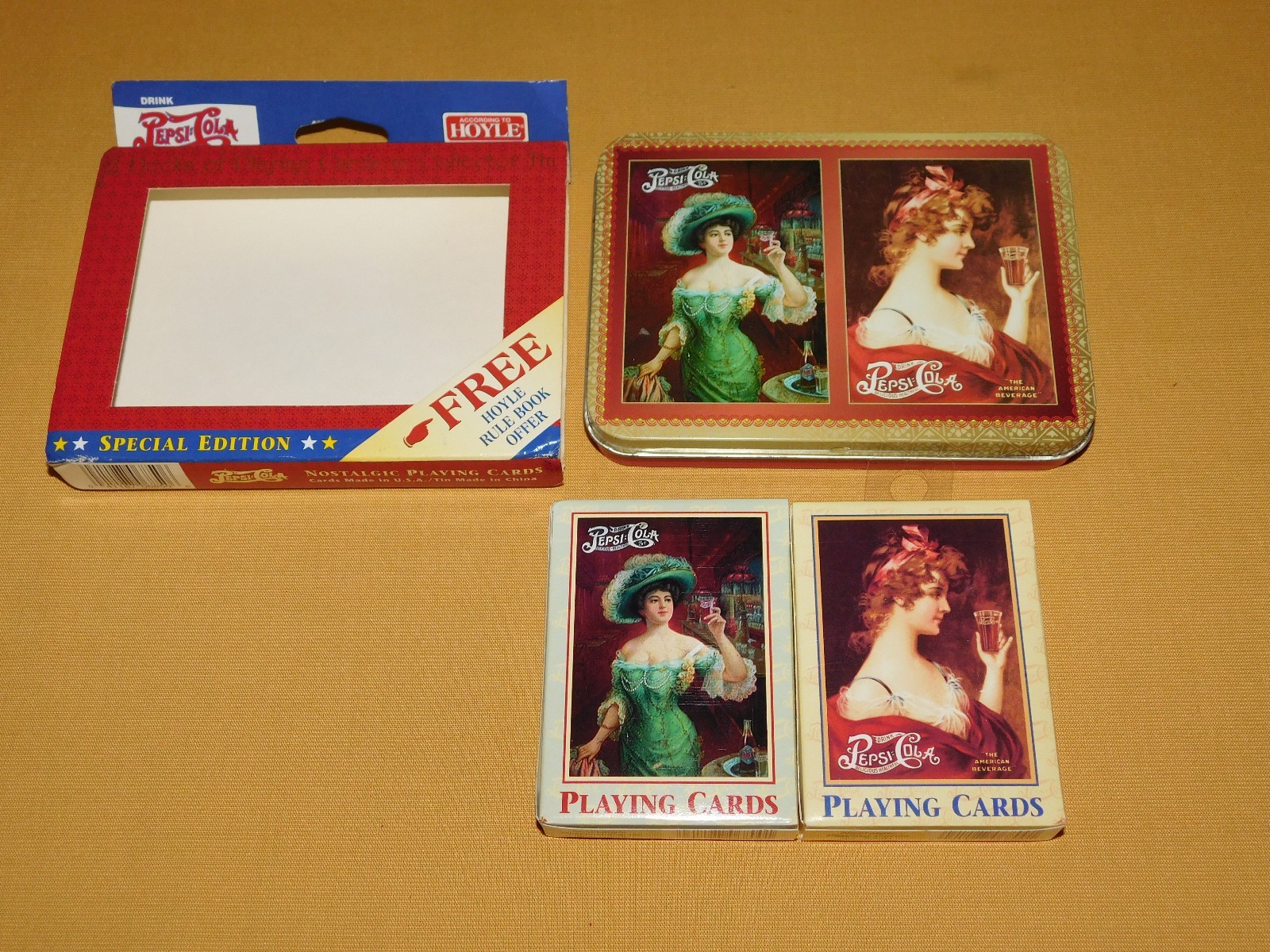 VINTAGE 1997 PEPSI COLA 2 DECKS HOYLE VICTORIAN LADY PLAYING CARDS IN TIN UNUSED