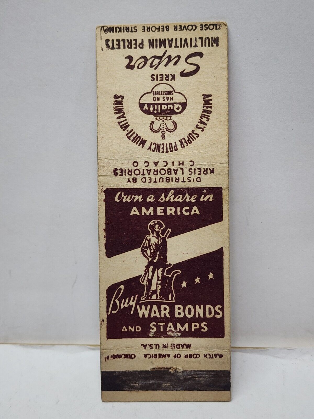 Vintage Matchbook Cover - Kreis Multivitamin BUY WAR BONDS WWII Chicago Illinois