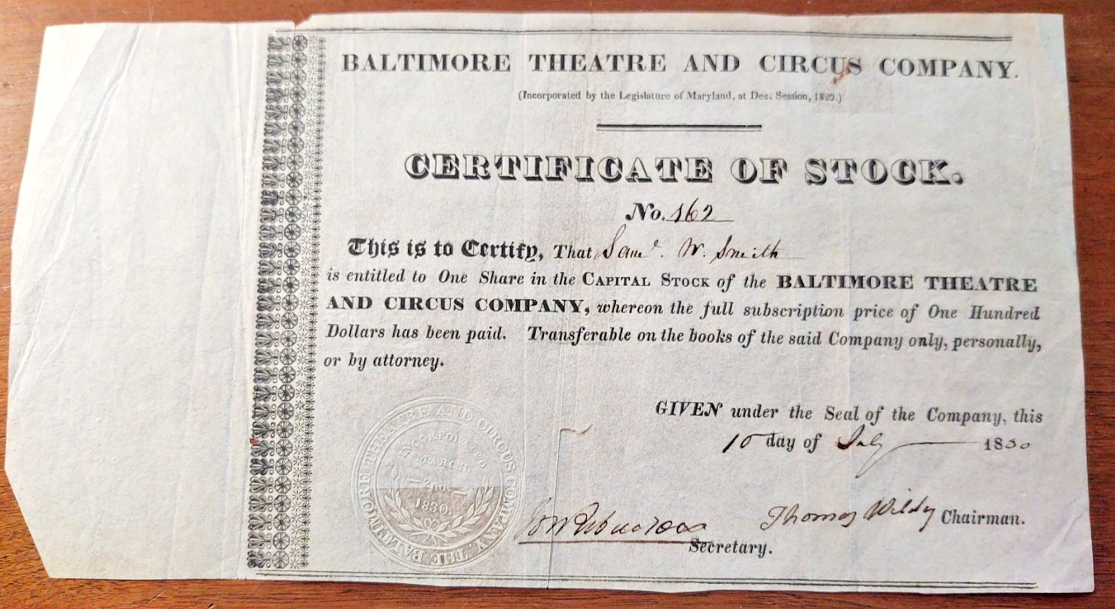 RARE Stock Certificate Baltimore Theatre & Circus 1830 Historic Fire 1838 IOOF