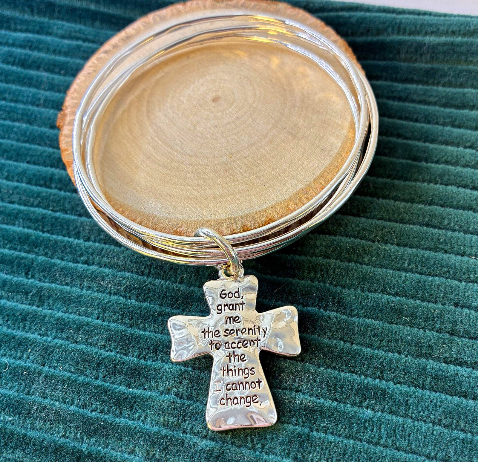 Christianity Serenity Prayer Cross Charm Silver Tone Bangle Bracelet