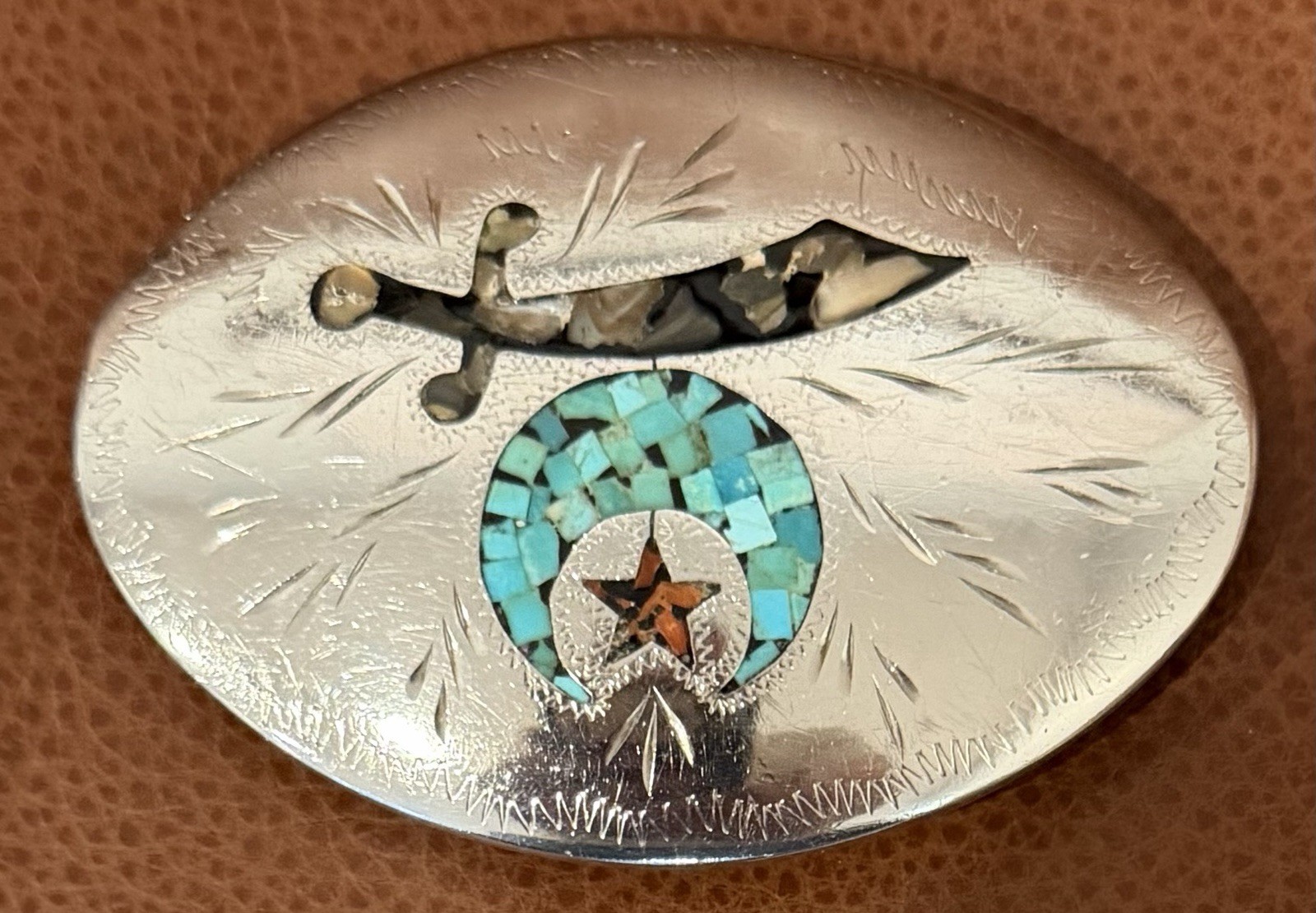 Vintage Kay Johnson Shriner Belt Buckle Turquoise Coral Inlay Broken Arrow Vintage Kay Johnson Shriner Belt Buckle Turquoise Coral Inlay Broken Arrow