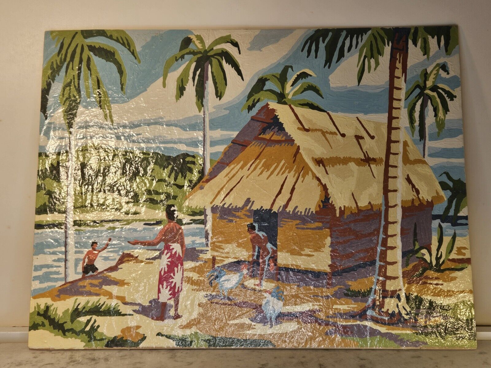 Vintage 50\'s Art Hawaiian Hawaii Tiki Hut Paint By Number Palm Trees 12 × 16 Inc