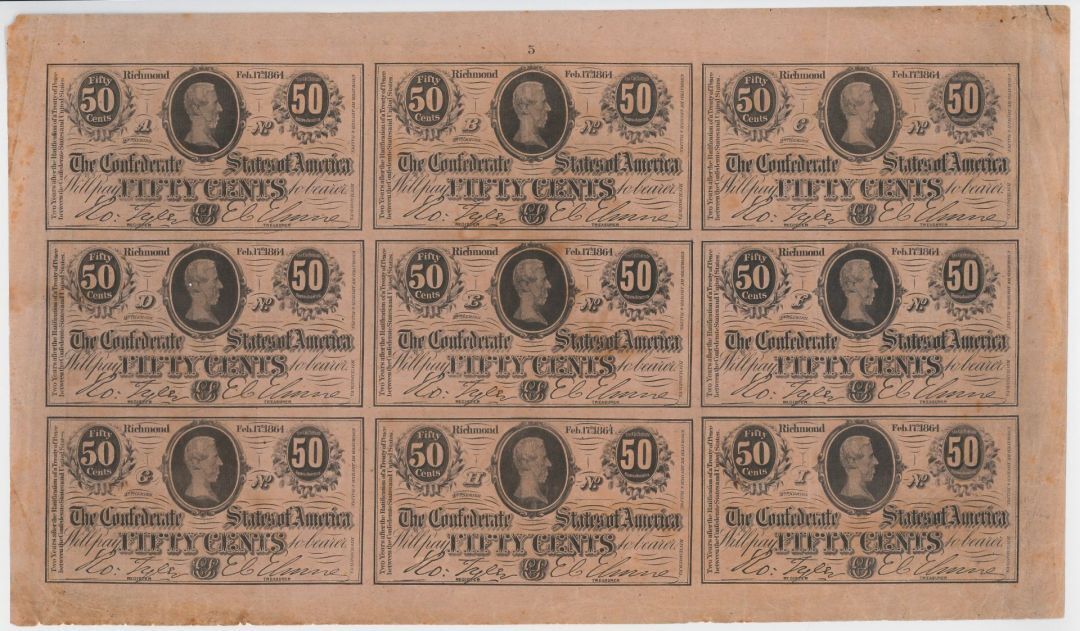 Uncut Sheet of 50 Cent Confederate Notes - Paper Money - US - Confederate