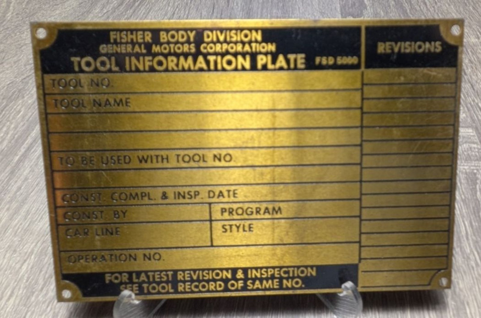 Vintage GM Fisher Body Division Brass Tool Info Plate Detroit Factory