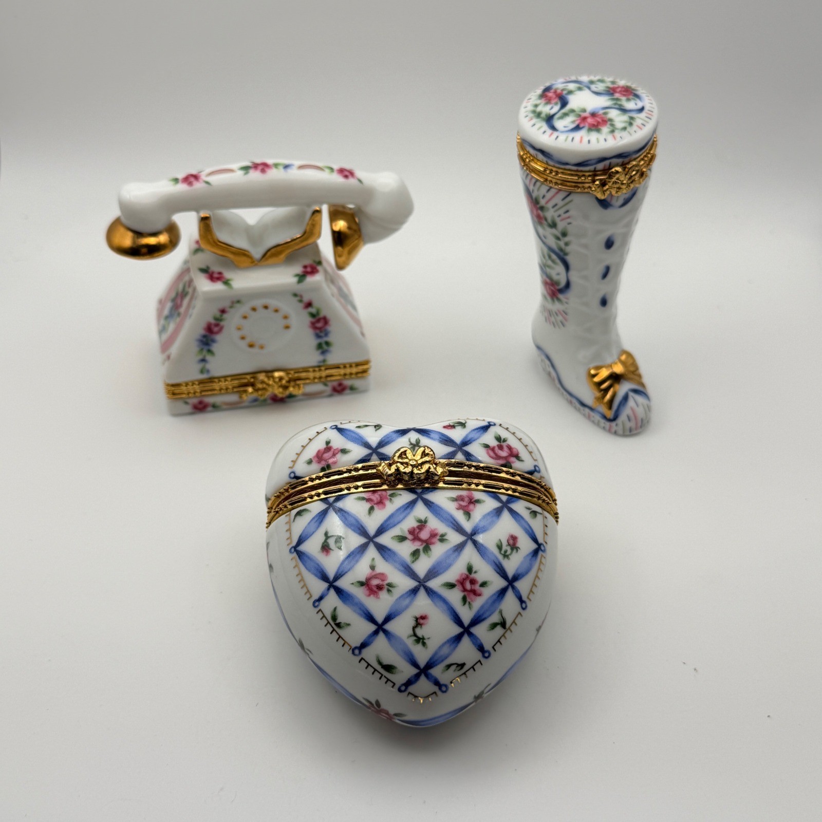 Lefton China Porcelain Trinket Box Set Heart Telephone Boot Floral Vintage 1997 Lefton China Porcelain Trinket Box Set Heart Telephone Boot Floral Vintage 1997
