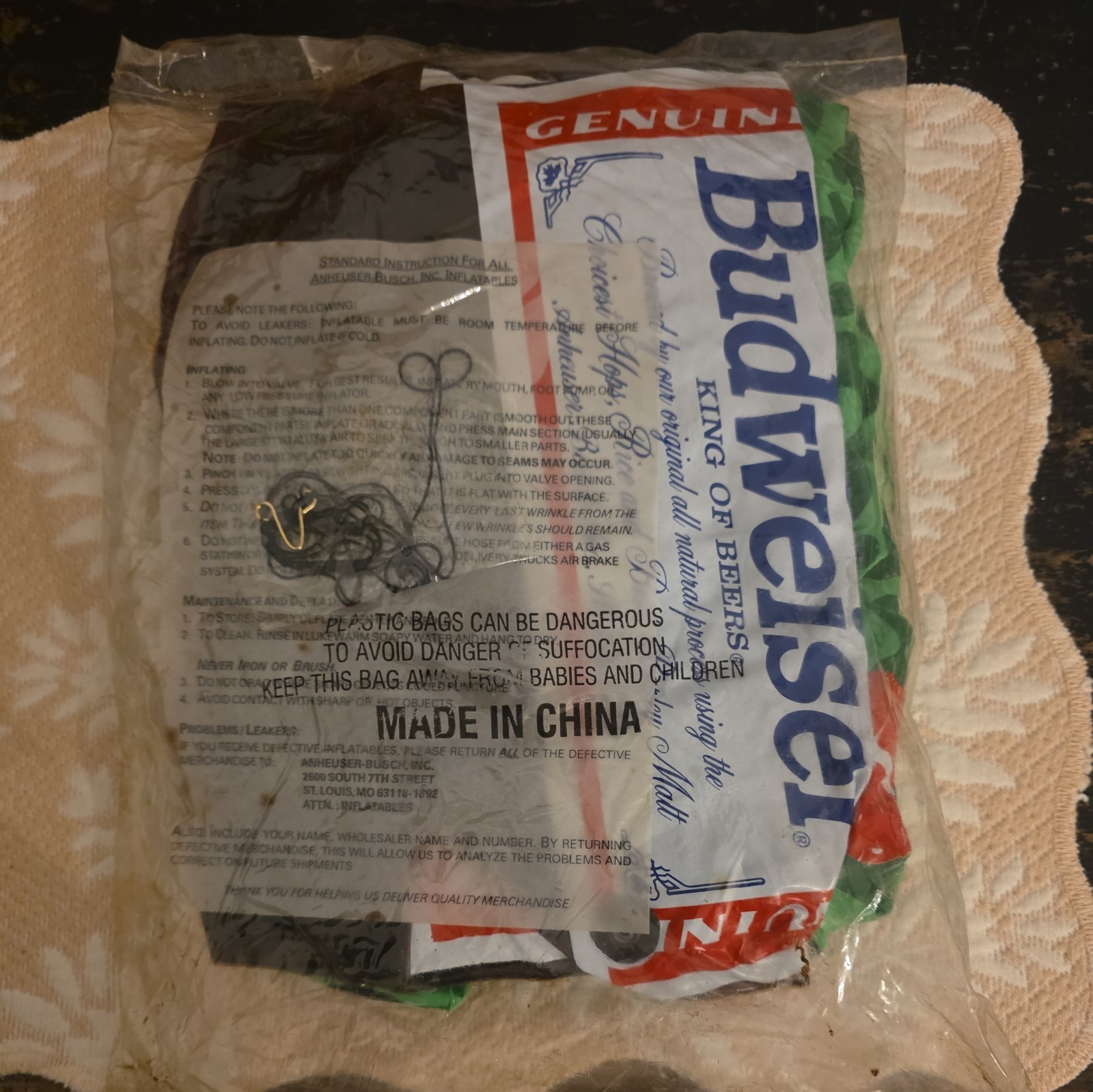 Vtg 1990s Budweiser Inflatable Frog holding Beer Bottle NOS In Poly Bag Sealed 
